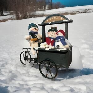 Vintage Christmas 3 snowmen on bicycle wooden trailer selling snowballs 5¢ READ